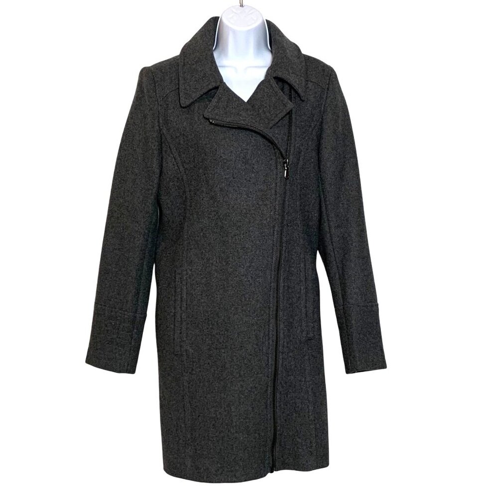 Worthington Womens SZ M Lined Gray Wool Asymmetrical Zip Collared Pea Coat